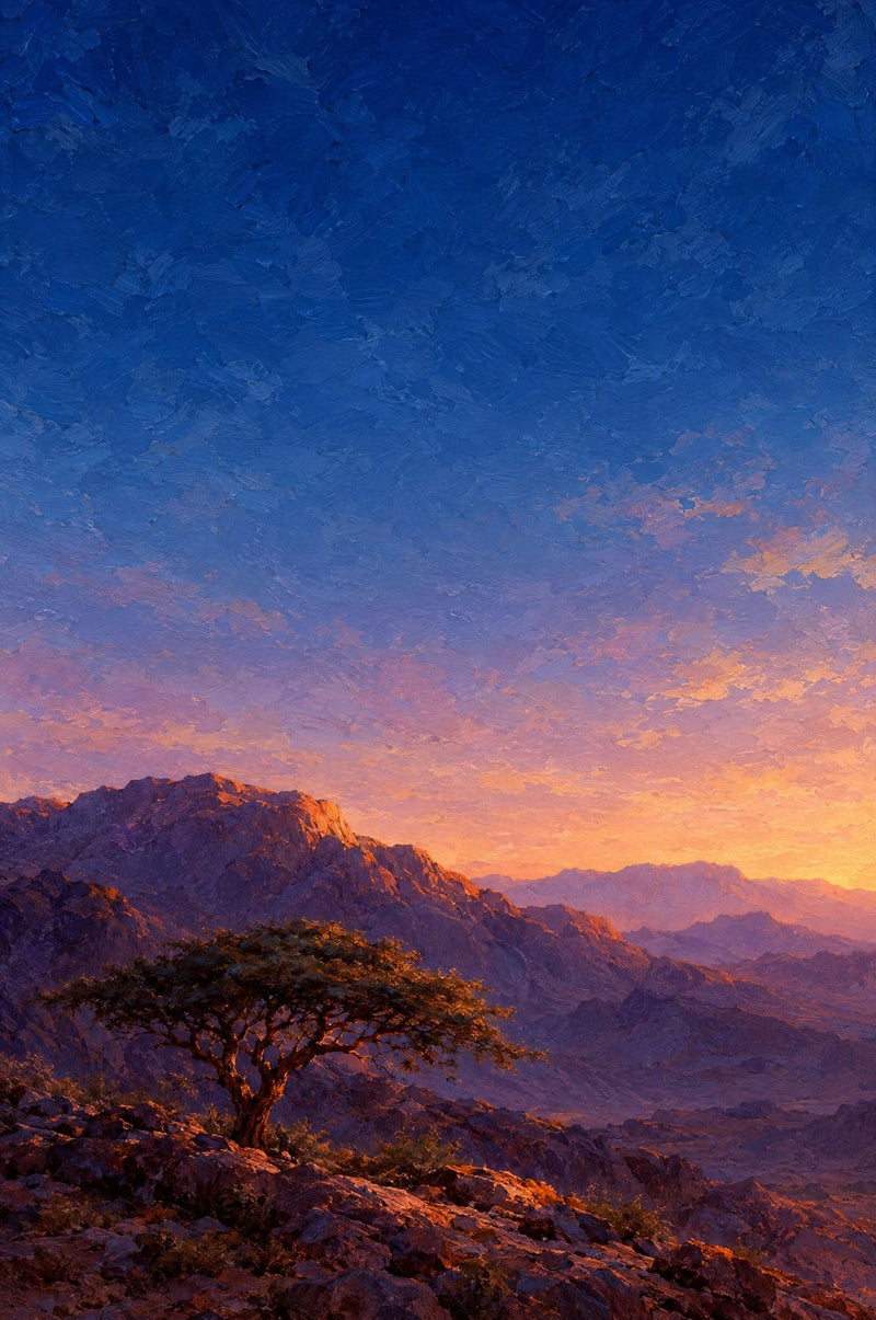 Peinture : un arbre seul sur une colline, au crépuscule