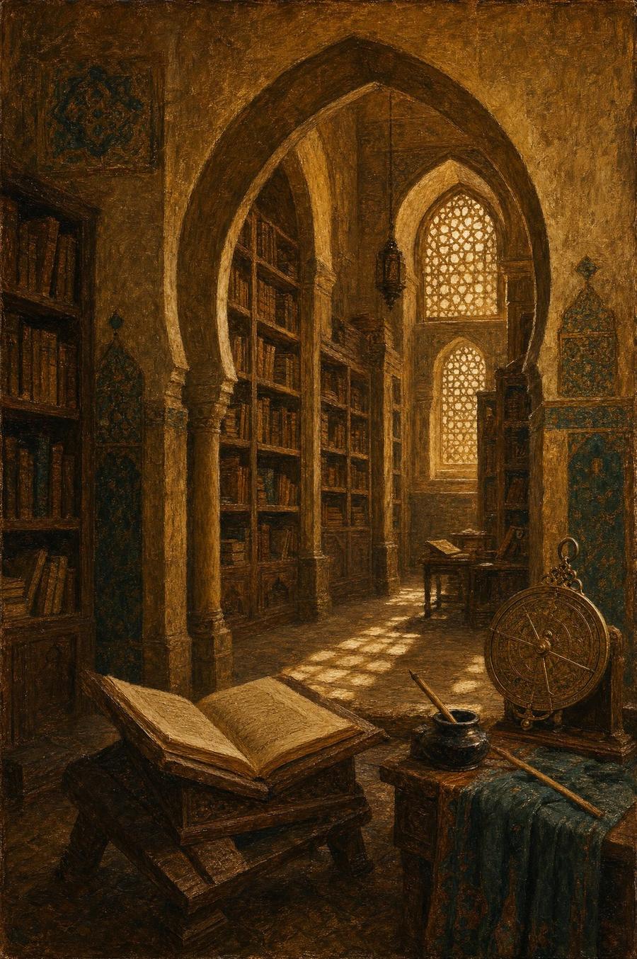 Peinture sépia : une bibliothèque ancienne sous des arches
